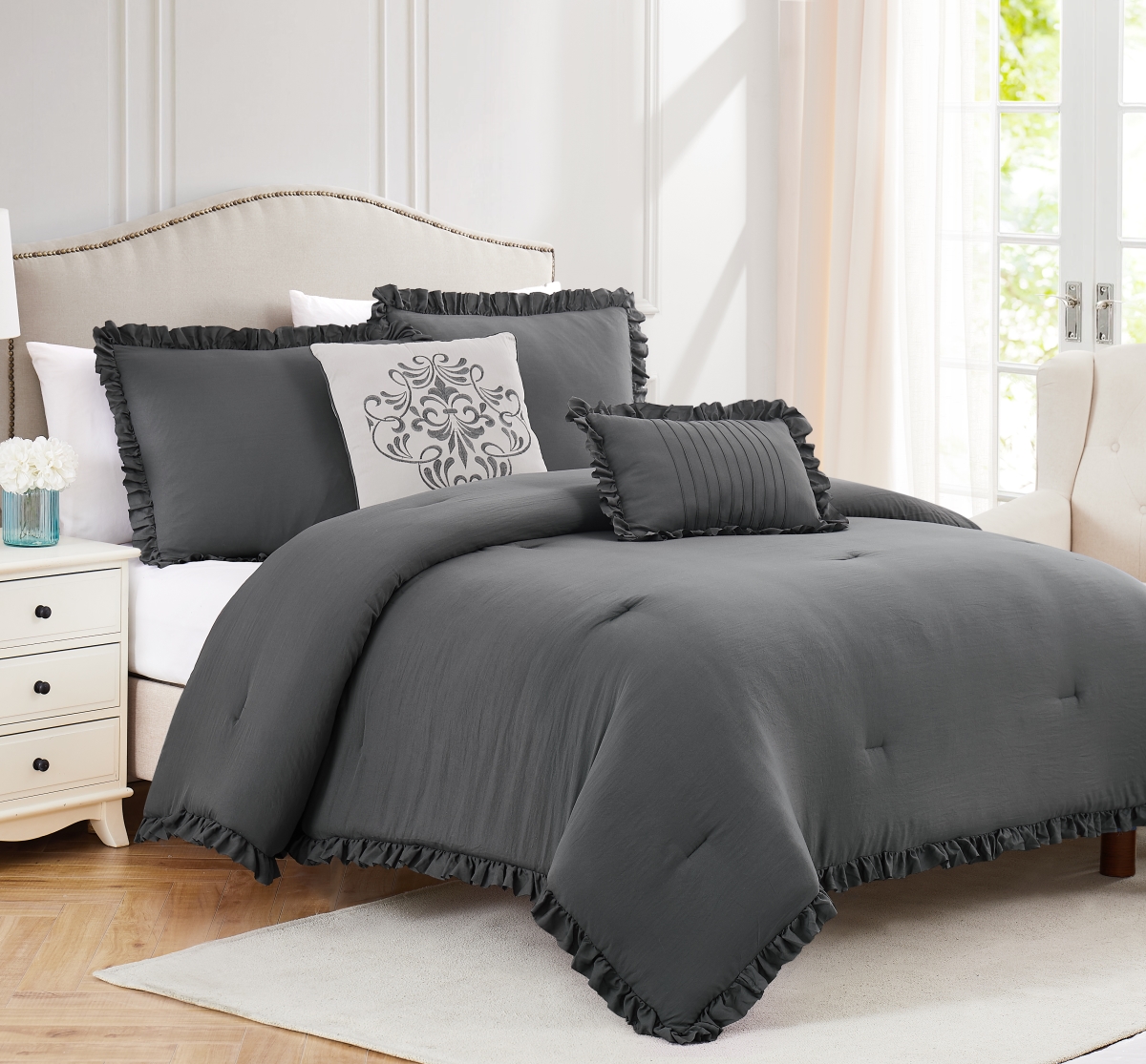 Portland Washed Ruffled Comforter Set, Charcoal - King Size - 5 Piece