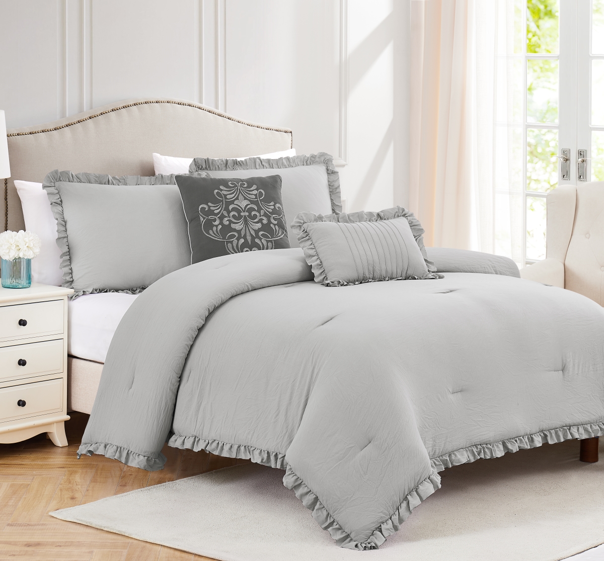 Portland Washed Ruffled Comforter Set, Grey - King Size - 5 Piece