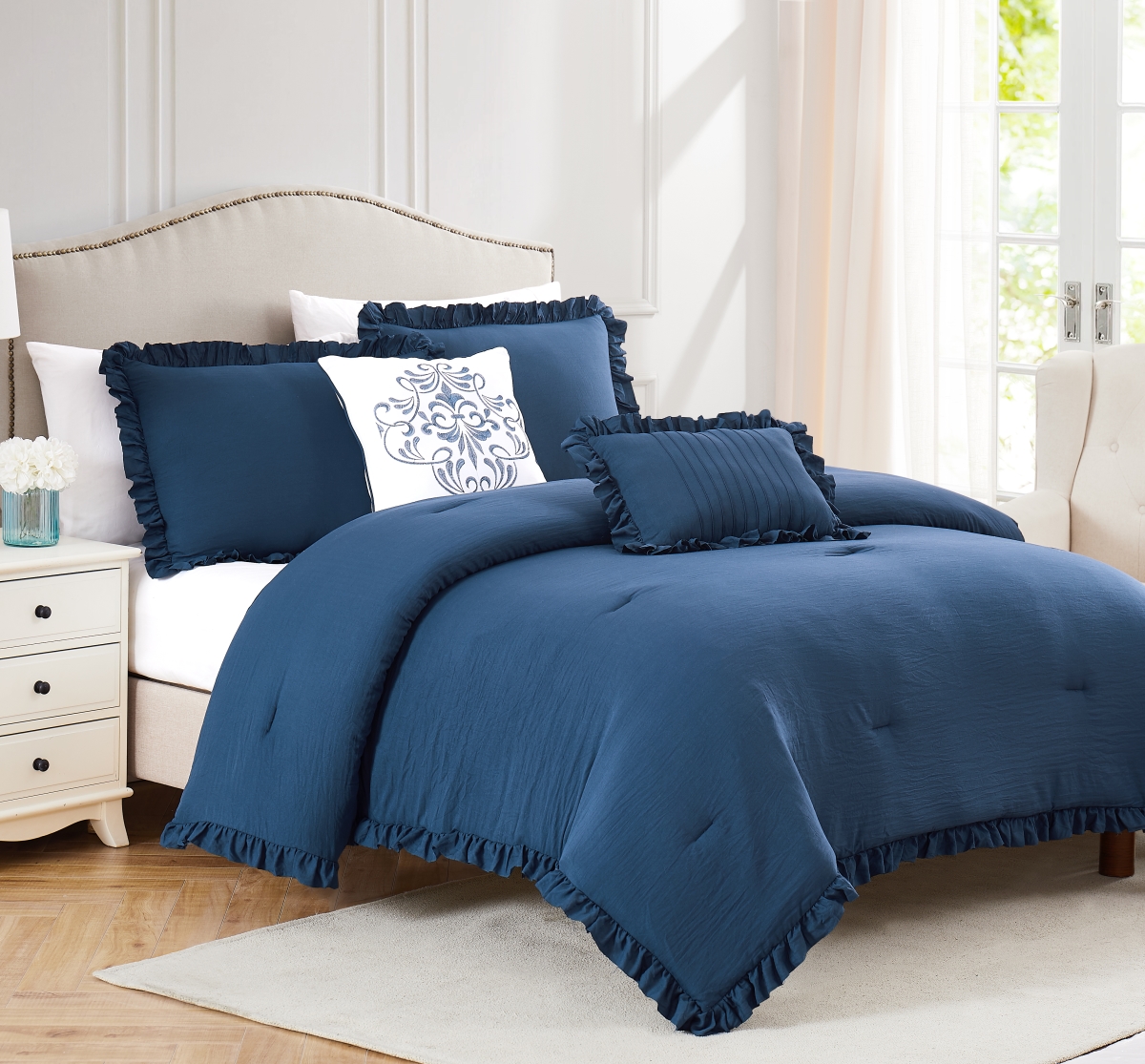 Portland Washed Ruffled Comforter Set, Navy - King Size - 5 Piece