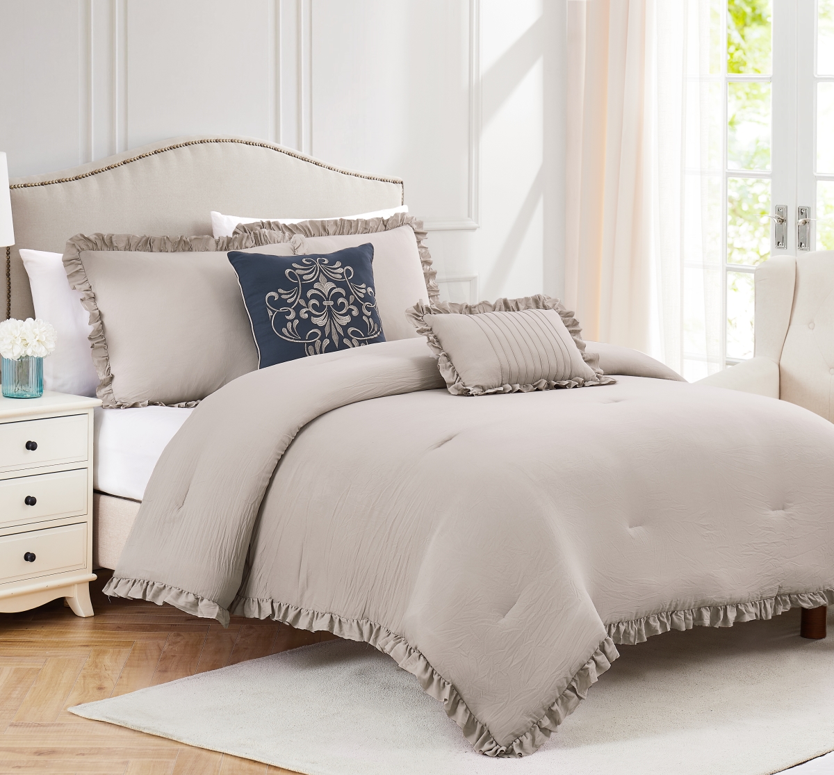 Portland Washed Ruffled Comforter Set, Taupe - Queen Size - 5 Piece