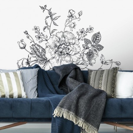 Black & White Peony Peel & Stick Wall Decals - Giant Floral Design - Set of 10 - Removable