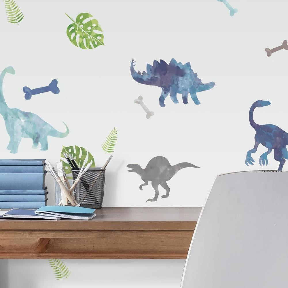 Watercolor Dinosaur Wall Decals - Multicolor - Set of 18 - Reusable Vinyl