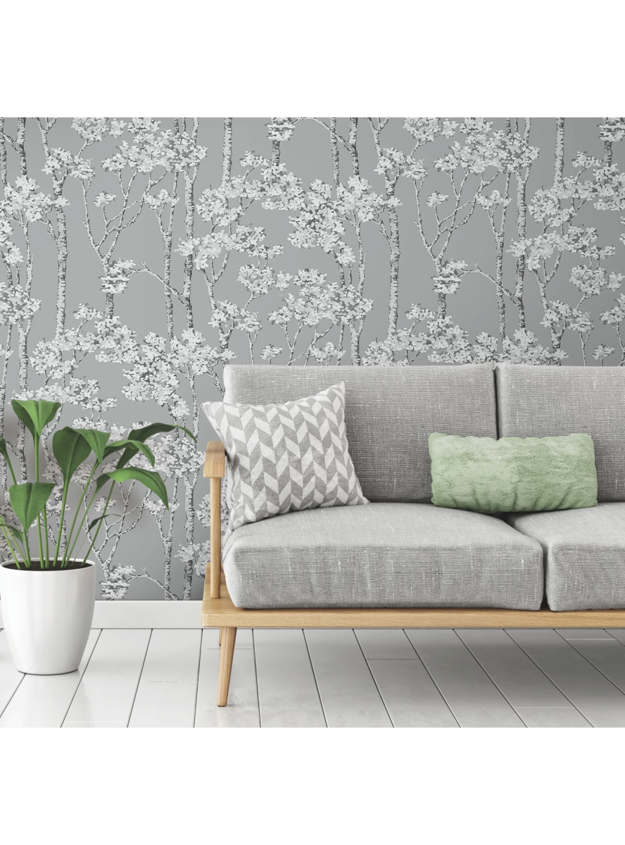 RMK12343PLW 20.5 in. Birch Grove Peel & Stick Wallpaper, Grey