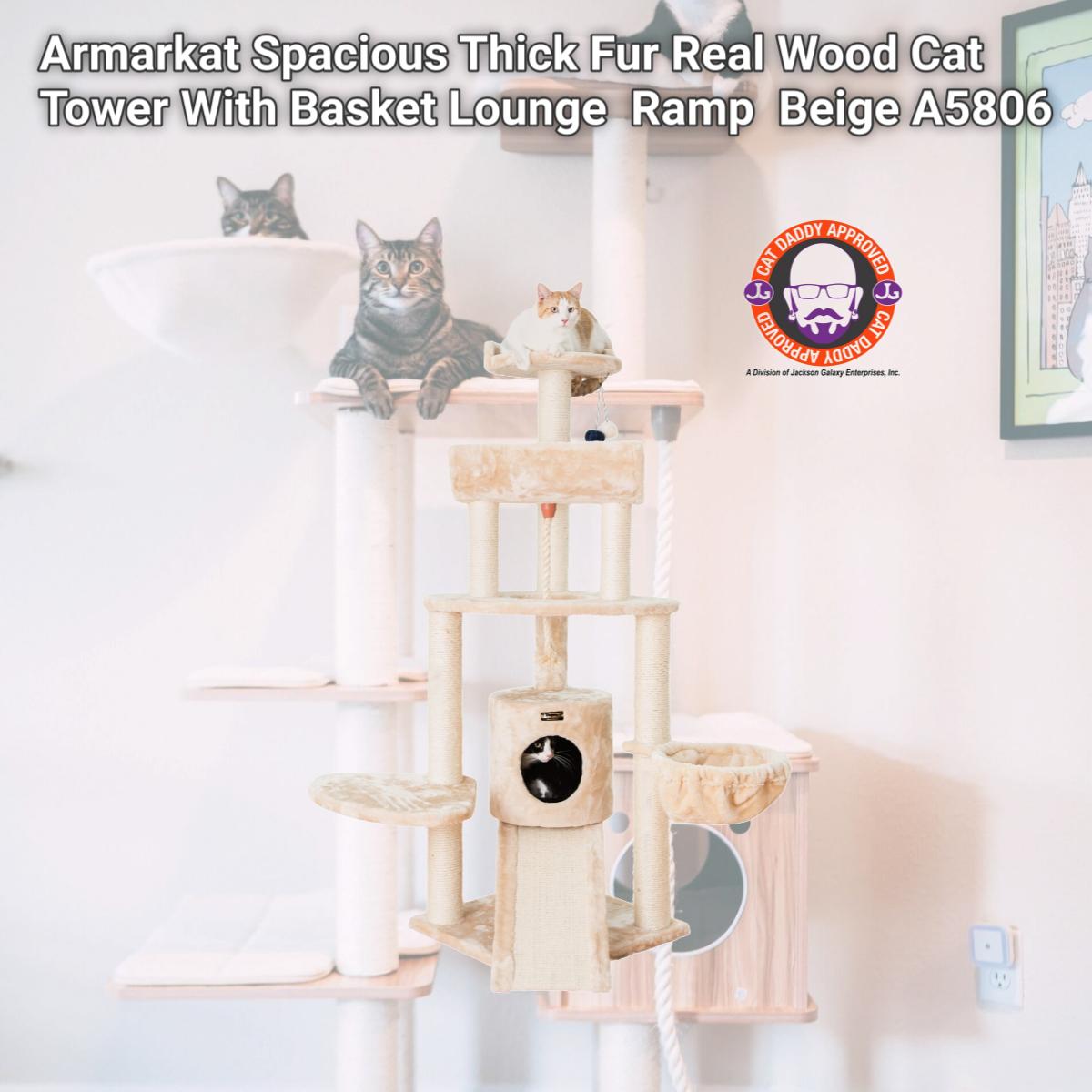 Picture of Armarkat Spacious Thick Fur Real Wood Cat Tower With Basket Lounge  Ramp  Beige A5806