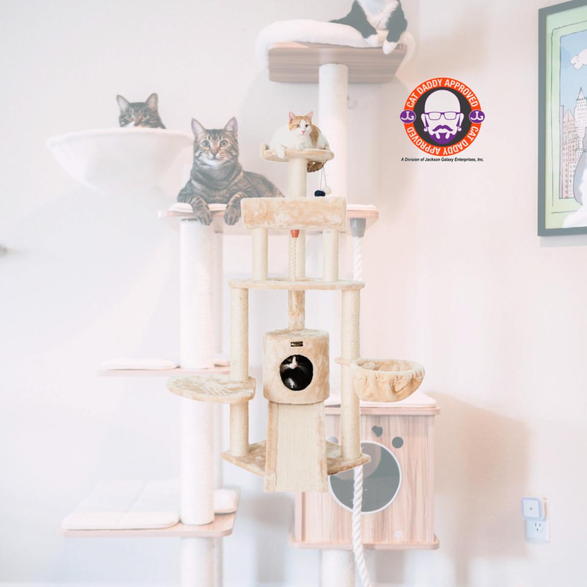 Picture of Armarkat Spacious Thick Fur Real Wood Cat Tower With Basket Lounge  Ramp  Beige A5806