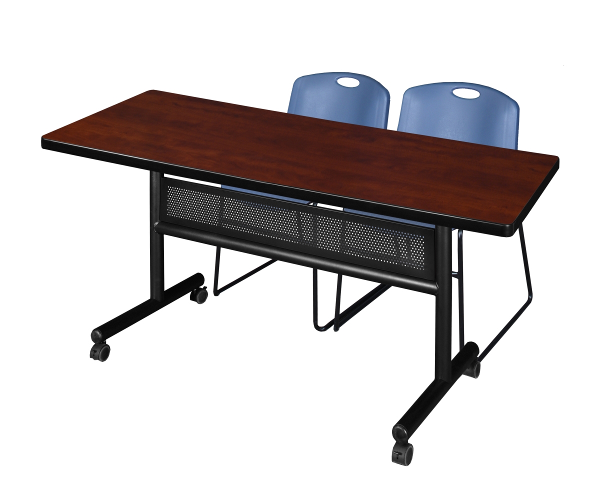 MKFTM6030CH44BE 60 x 30 in. Flip Top Mobile Training Table with Modesty Panel, Cherry & 2 in. Zeng Stack Chairs - Blue