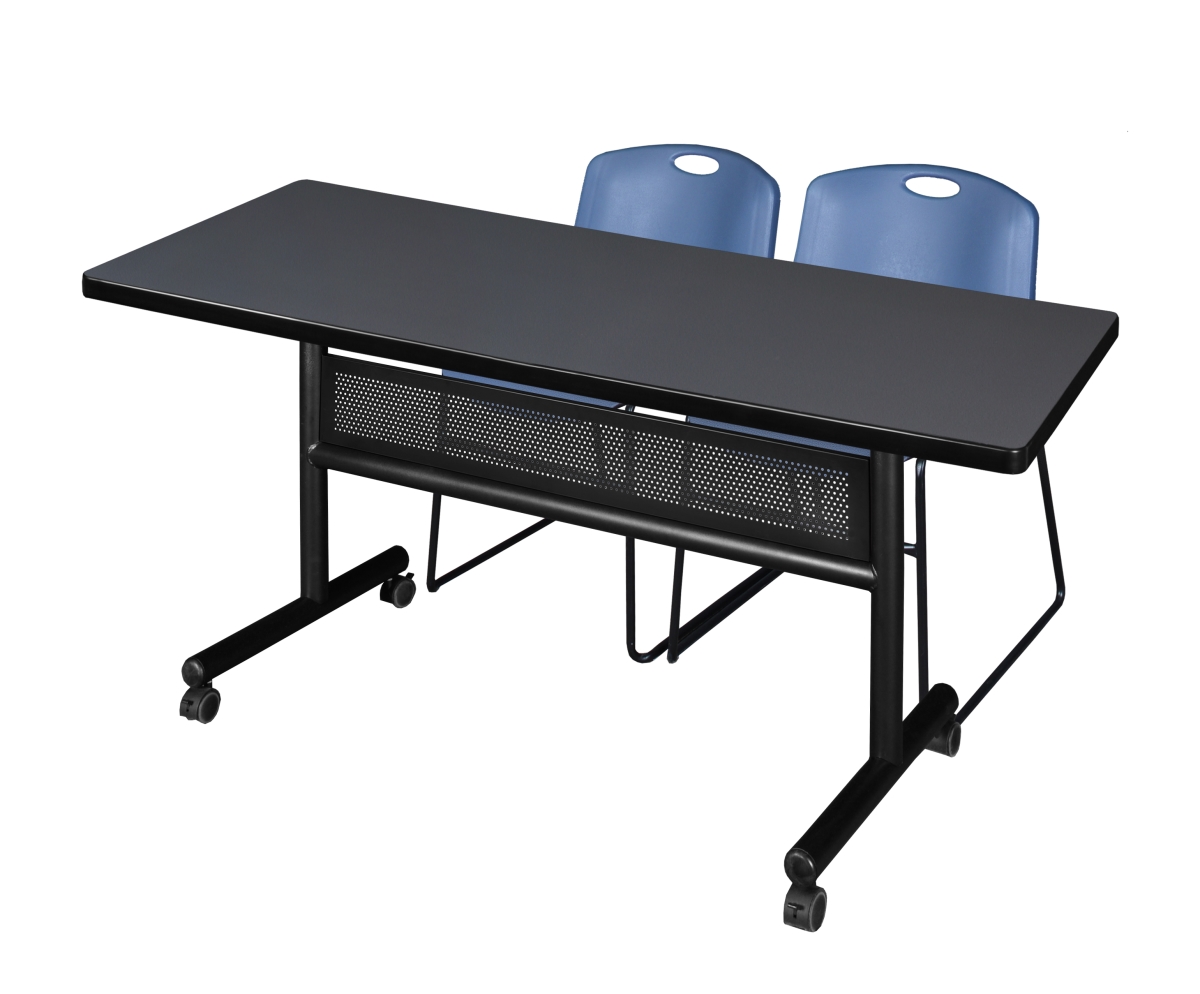60 x 30 in. Flip Top Mobile Training Table with Modesty Panel, Grey & 2 in. Zeng Stack Chairs - Blue
