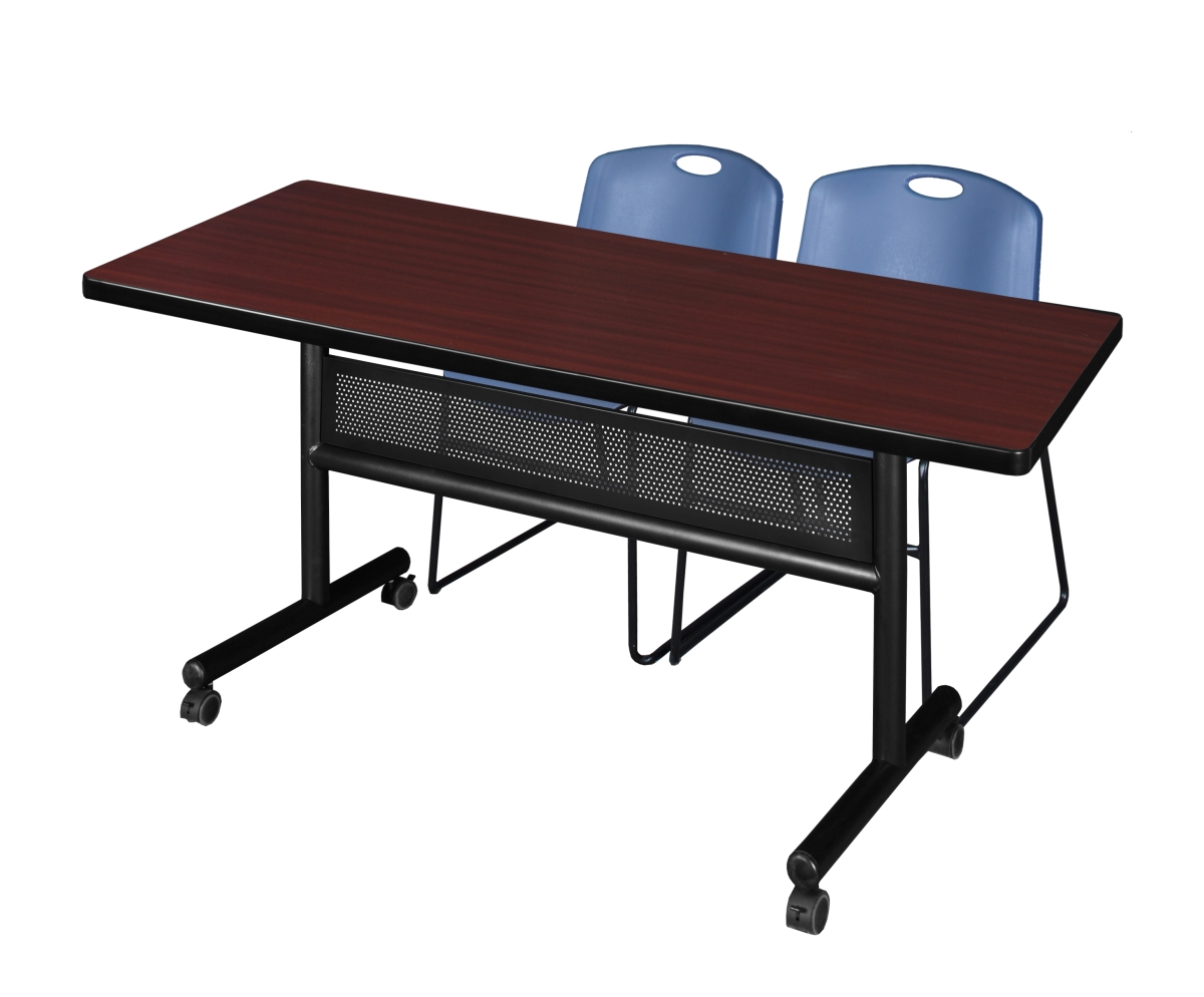 MKFTM6030MH44BE 60 x 30 in. Flip Top Mobile Training Table with Modesty Panel, Mahogany & 2 in. Zeng Stack Chairs - Blue