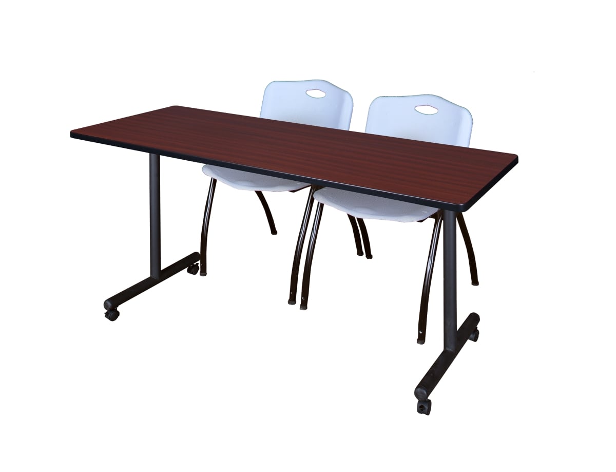 66 x 24 in. Kobe Mobile Training Table, Mahogany & 2 in. M Stack Chairs - Grey
