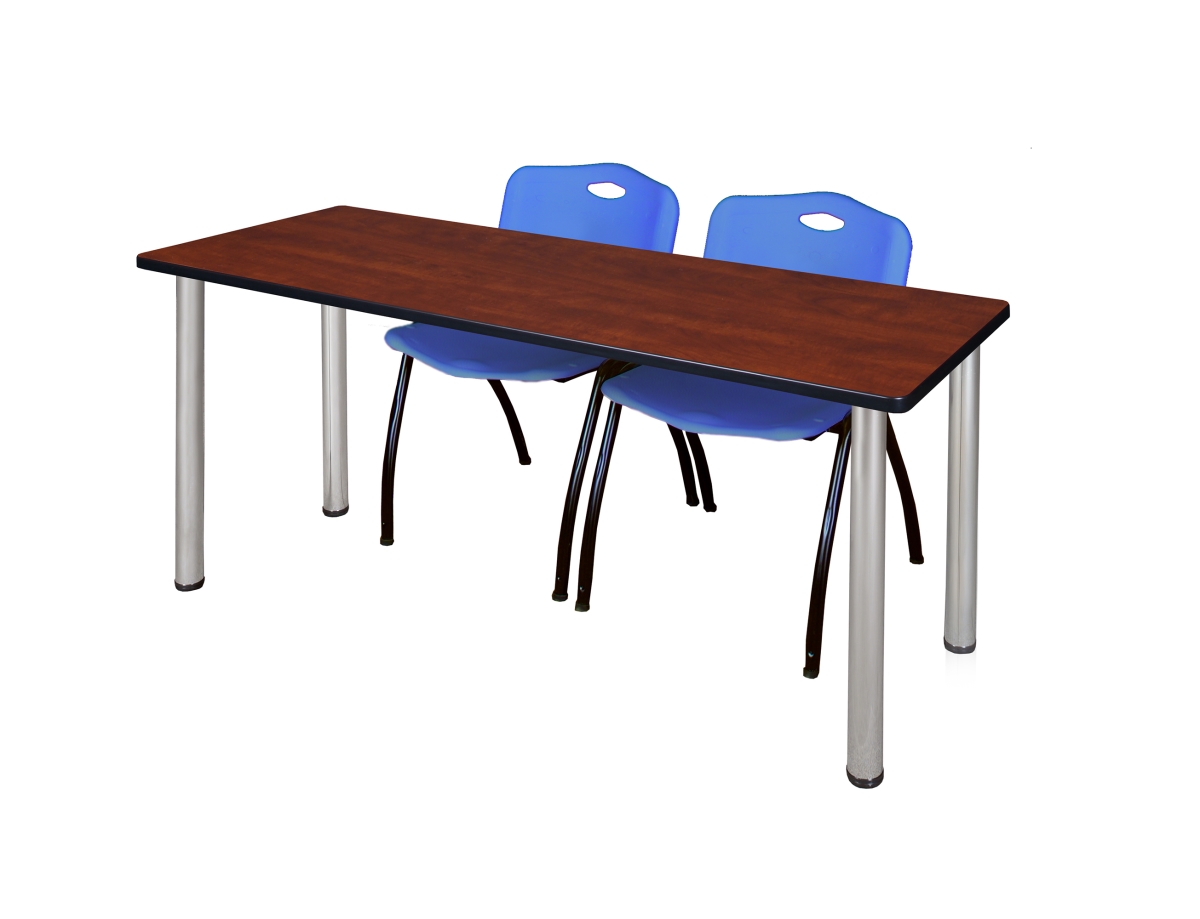 60 x 24 in. Kee Training Table, Cherry & Chrome & 2 in. M Stack Chairs - Blue