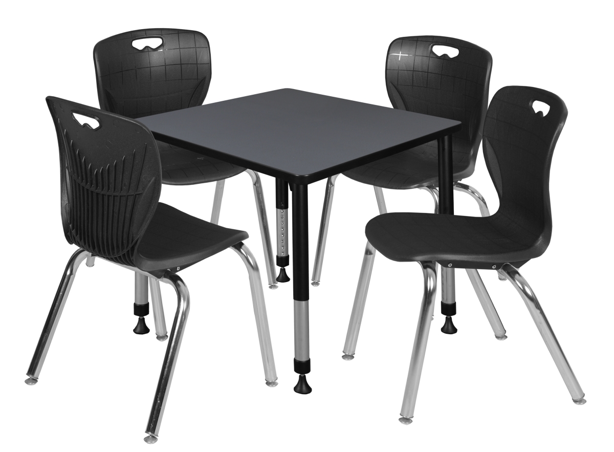 30 in. Kee Square Height Adjustable Classroom Table, Grey & 4 Andy 18 in. Stack Chairs - Black