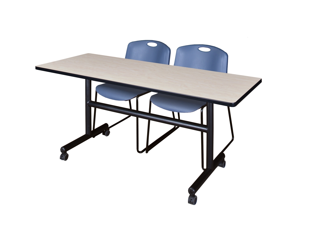 60 x 30 in. Flip Top Mobile Training Table, Maple & 2 in. Zeng Stack Chairs - Blue