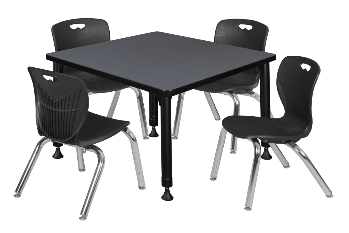 30 in. Kee Square Height Adjustable Classroom Table, Grey & 4 Andy 12 in. Stack Chairs - Black