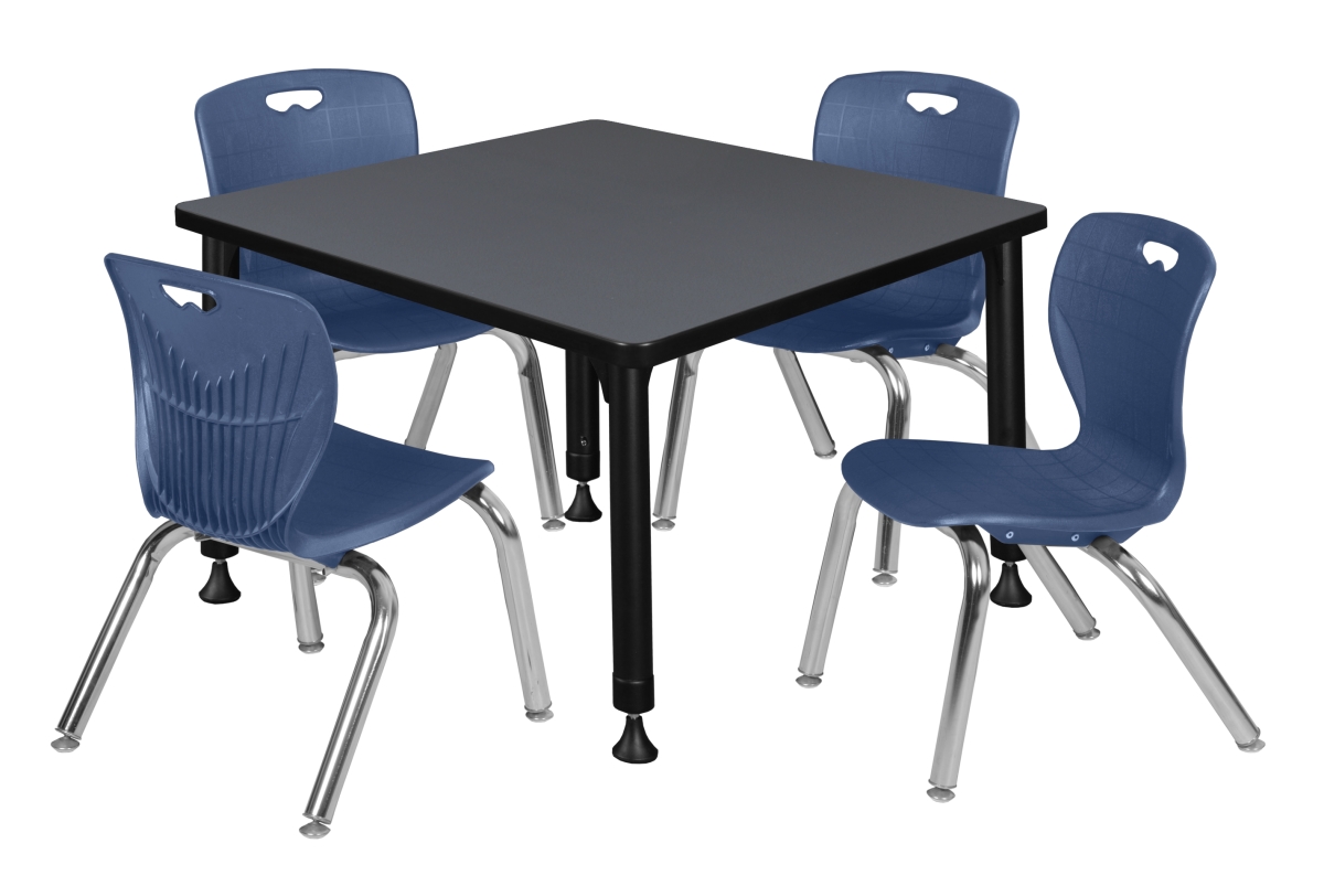 30 in. Kee Square Height Adjustable Classroom Table, Grey & 4 Andy 12 in. Stack Chairs - Navy Blue