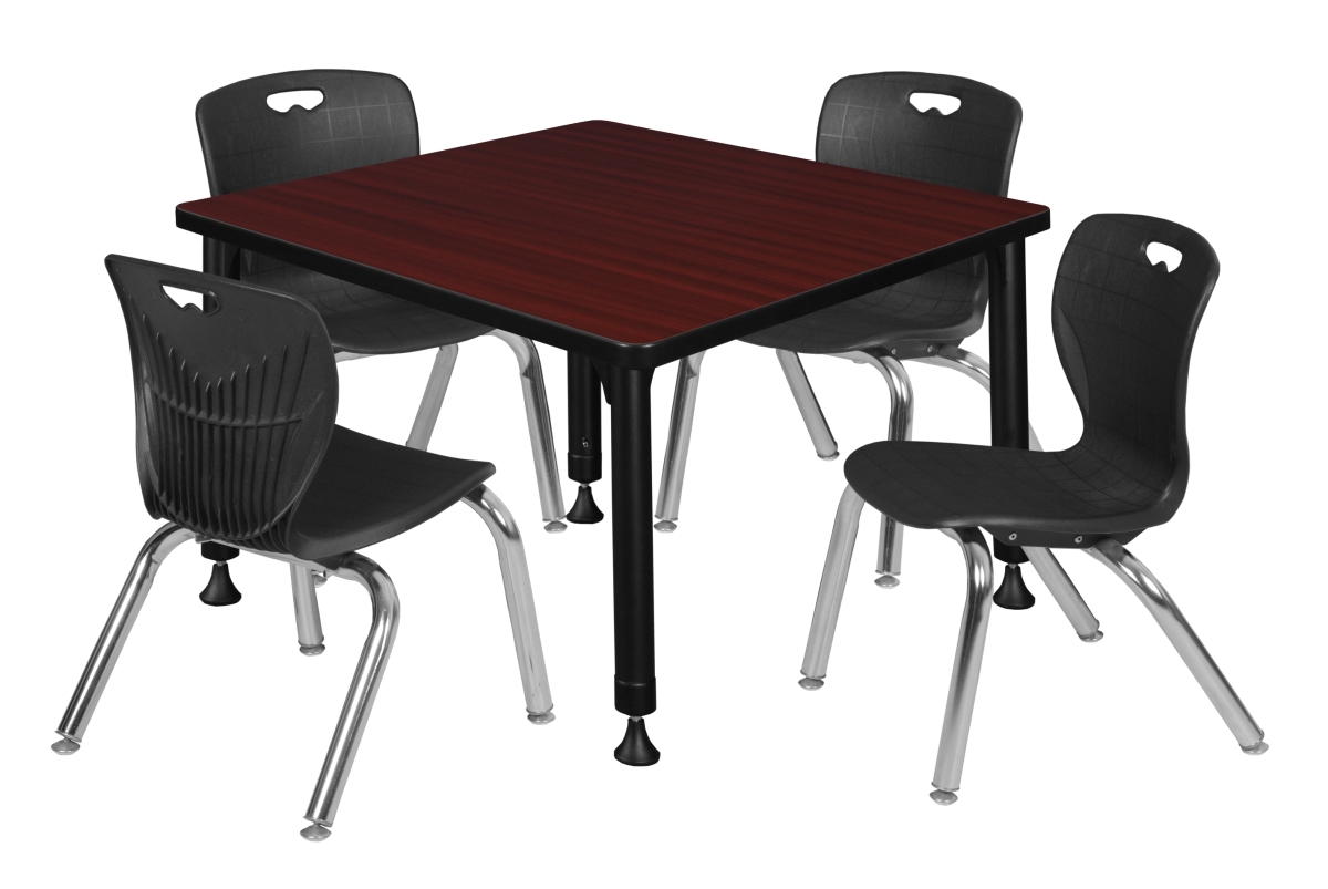 TB3030MHAPBK45BK 30 in. Kee Square Height Adjustable Classroom Table, Mahogany & 4 Andy 12 in. Stack Chairs - Black -  Regency