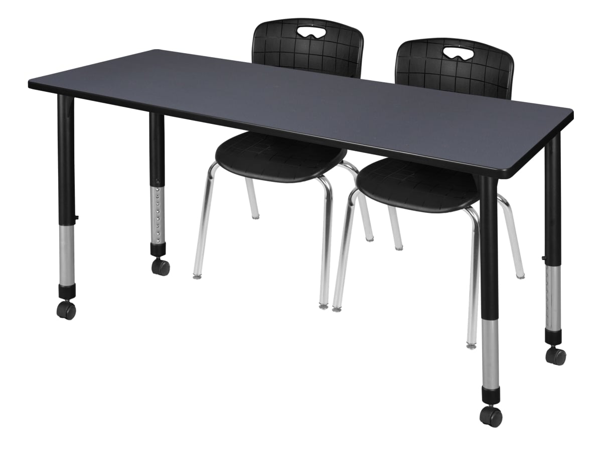 60 x 24 in. Kee Height Adjustable Mobile Classroom Table, Grey & 2 Andy 18 in. Stack Chairs - Black
