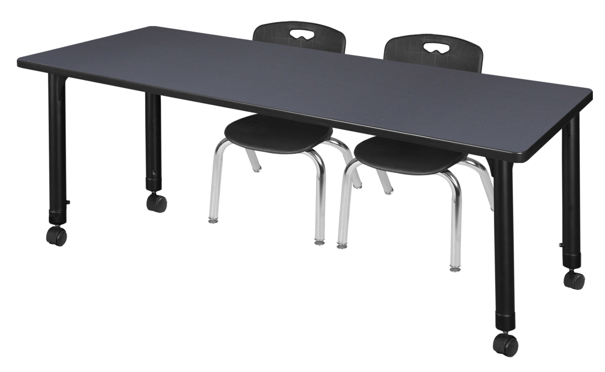 60 x 24 in. Kee Height Adjustable Mobile Classroom Table, Grey & 2 Andy 12 in. Stack Chairs - Black