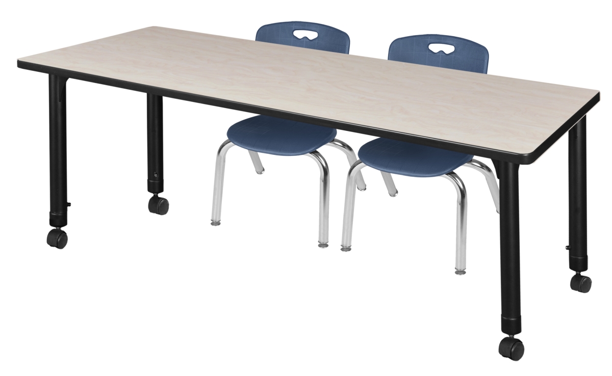 MT6024PLAPCBK45NV 60 x 24 in. Kee Height Adjustable Mobile Classroom Table, Maple & 2 Andy 12 in. Stack Chairs - Navy Blue