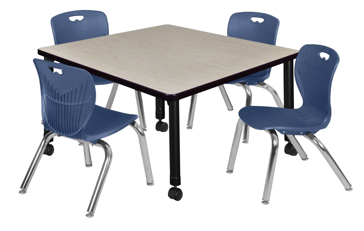 42 in. Kee Square Height Adjustable Mobile Classroom Table, Maple & 4 4 Andy 12 in. Stack Chairs - Navy Blue