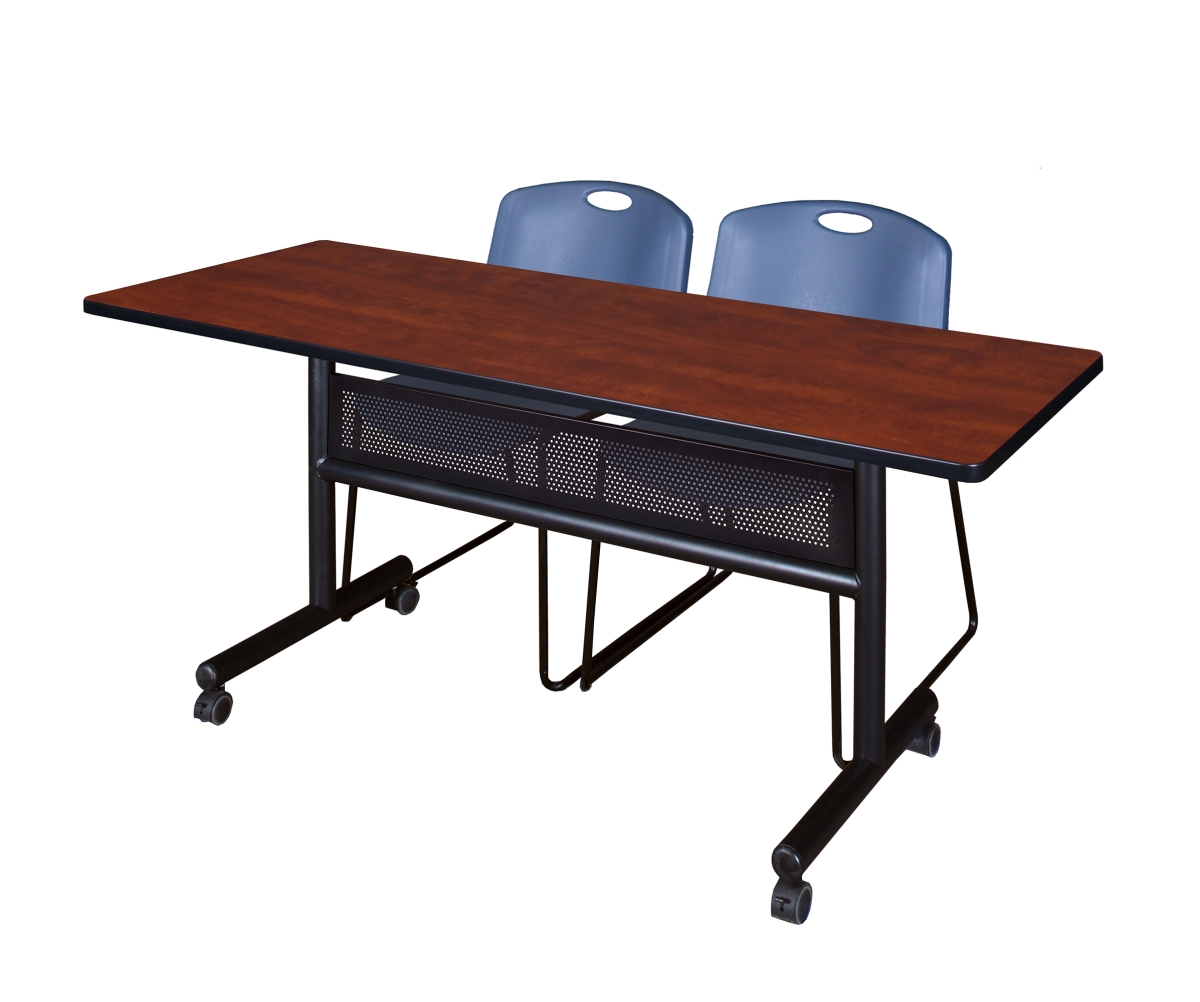 MKFTM6024CH44BE 60 x 24 in. Flip Top Mobile Training Table with Modesty Panel, Cherry & 2 in. Zeng Stack Chairs - Blue