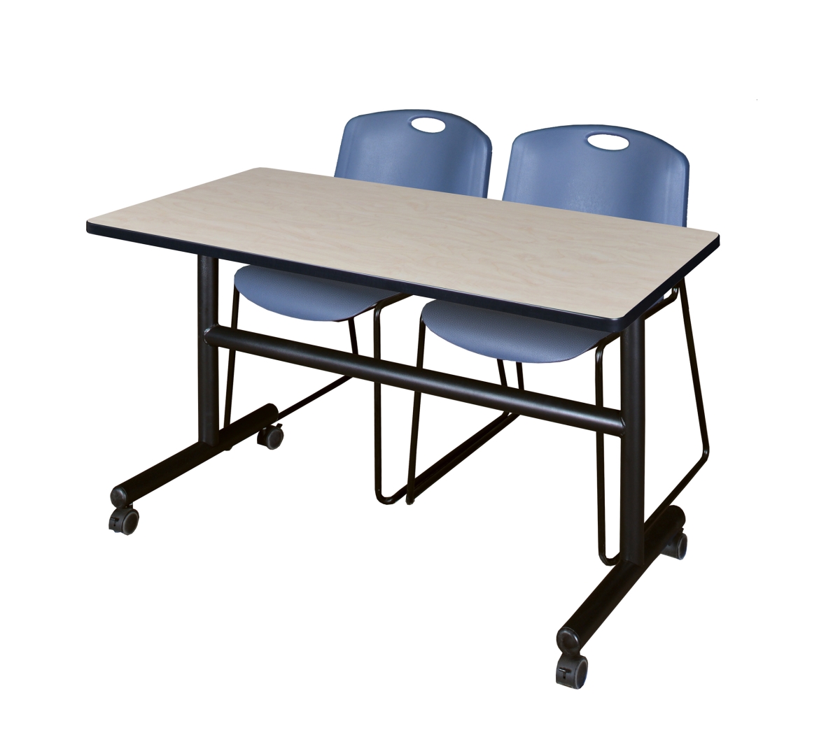 48 x 30 in. Flip Top Mobile Training Table, Maple & 2 in. Zeng Stack Chairs - Blue