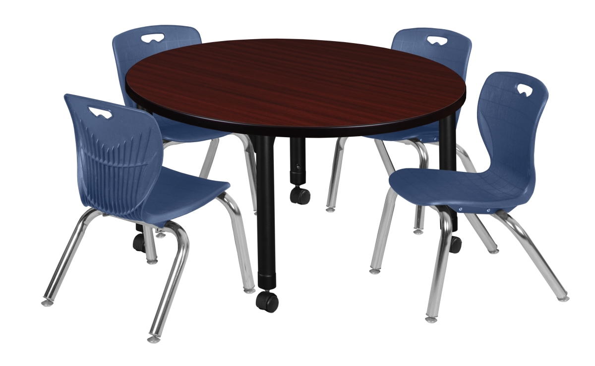 TB42RNDMHAPCBK45NV 42 in. Kee Round Height Adjustable Classroom Table, Mahogany & 4 Andy 12 in. Stack Chairs - Navy Blue -  Regency