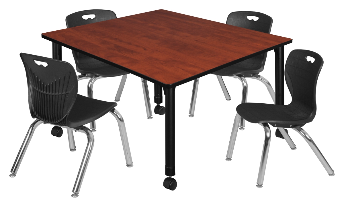 TB4848CHAPCBK45BK 48 in. Kee Square Height Adjustable Mobile Classroom Table, Cherry & 4 Andy 12 in. Stack Chairs - Black