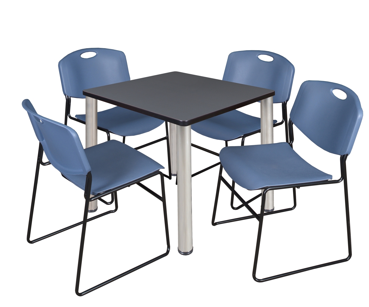 30 in. Kee Square Breakroom Table, Grey & Chrome & 4 in. Zeng Stack Chairs - Blue