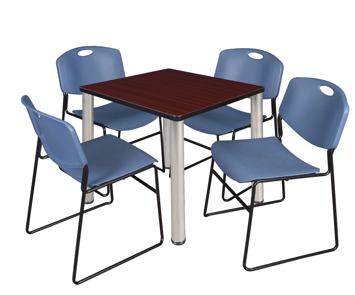 30 in. Kee Square Breakroom Table, Mahogany & Chrome & 4 in. Zeng Stack Chairs - Blue