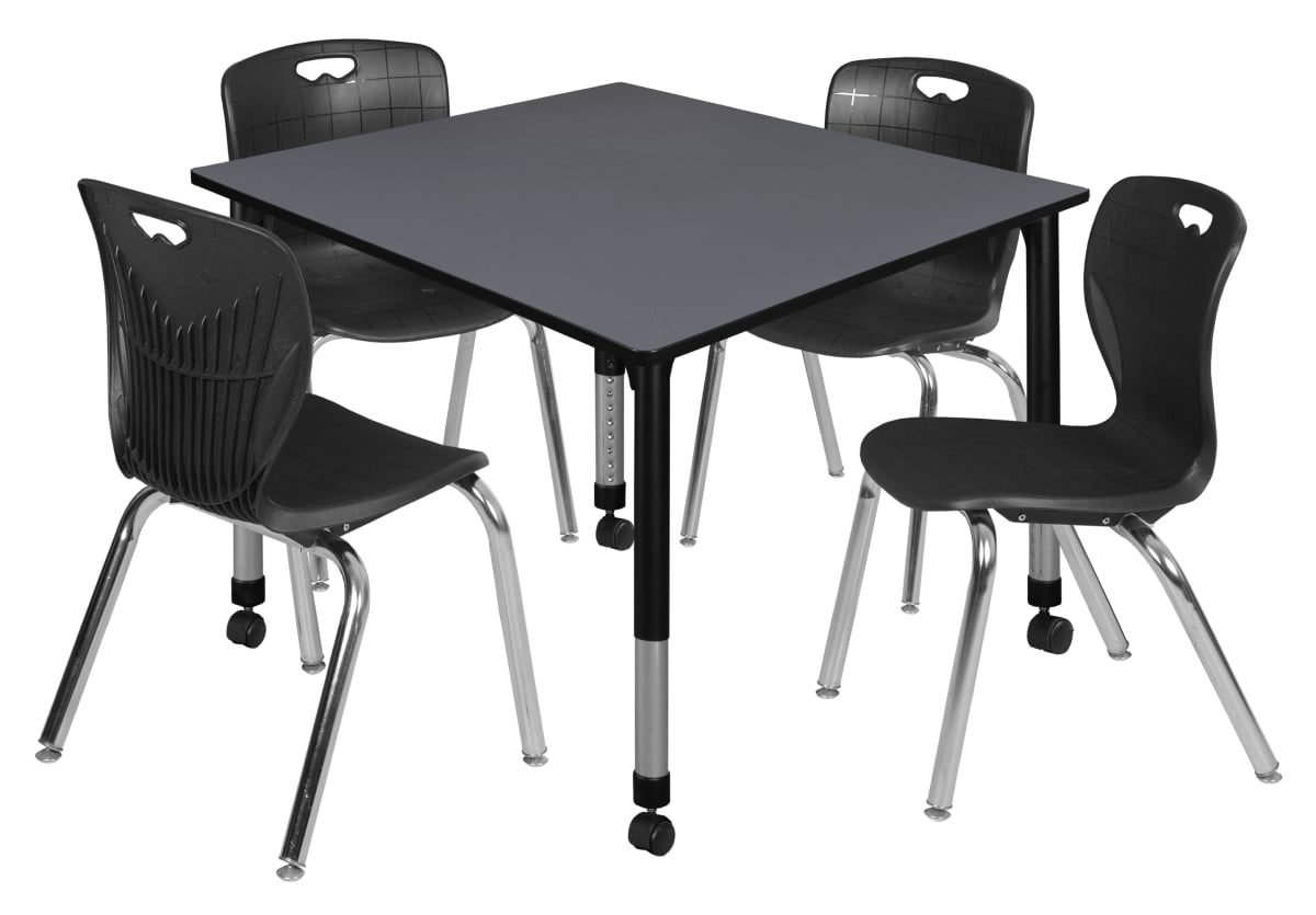 48 in. Kee Square Height Adjustable Mobile Classroom Table, Grey & 4 Andy 18 in. Stack Chairs - Black