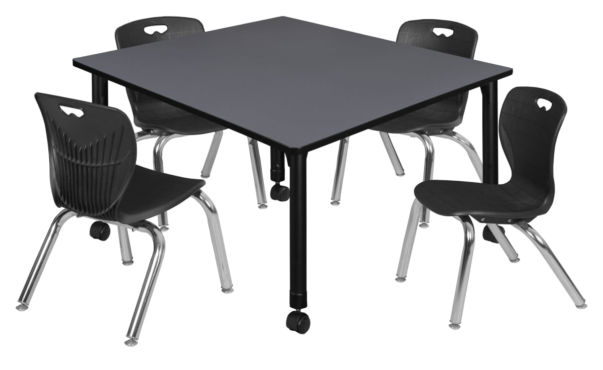 TB4848GYAPCBK45BK 48 in. Kee Square Height Adjustable Mobile Classroom Table, Grey & 4 Andy 12 in. Stack Chairs - Black