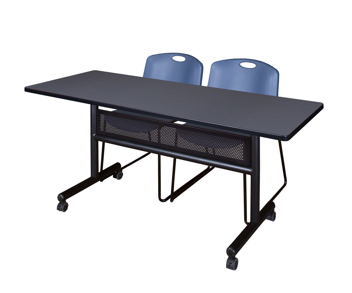 MKFTM6024GY44BE 60 x 24 in. Flip Top Mobile Training Table with Modesty Panel, Grey & 2 in. Zeng Stack Chairs - Blue