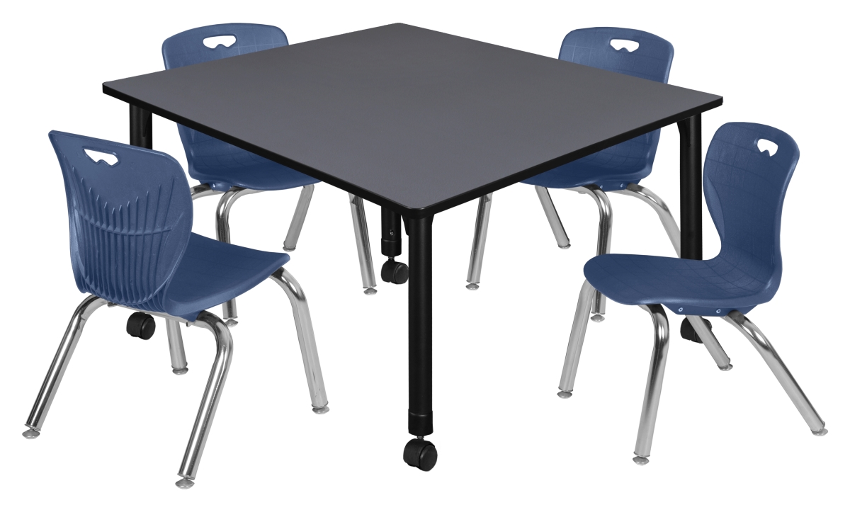 48 in. Kee Square Height Adjustable Mobile Classroom Table, Grey & 4 Andy 12 in. Stack Chairs - Navy Blue