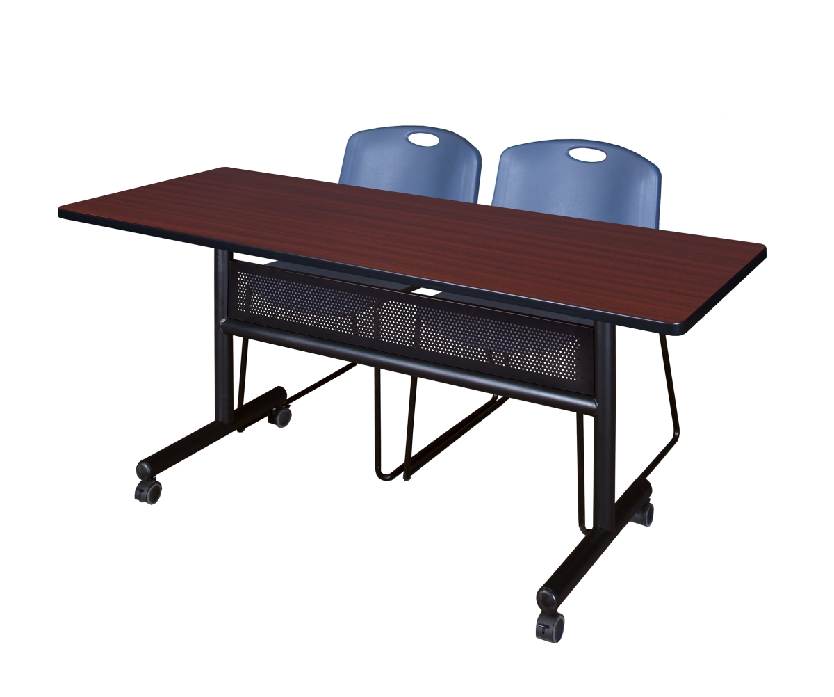 60 x 24 in. Flip Top Mobile Training Table with Modesty Panel, Mahogany & 2 in. Zeng Stack Chairs - Blue