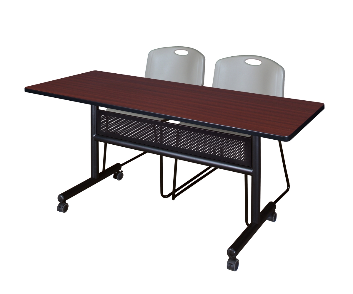 60 x 24 in. Flip Top Mobile Training Table with Modesty Panel, Mahogany & 2 in. Zeng Stack Chairs - Grey