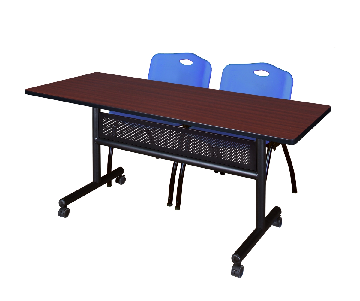 MKFTM6024MH47BE 60 x 24 in. Flip Top Mobile Training Table with Modesty Panel, Mahogany & 2 in. M Stack Chairs - Blue