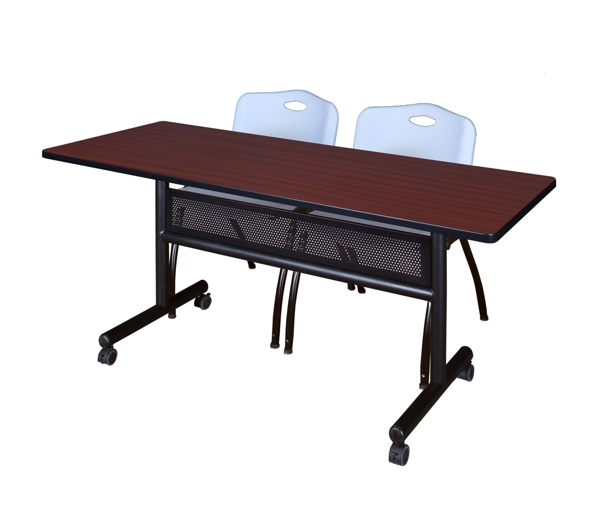60 x 24 in. Flip Top Mobile Training Table with Modesty Panel, Mahogany & 2 in. M Stack Chairs - Grey