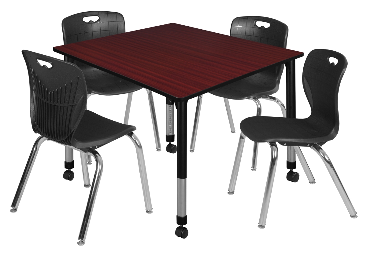 48 in. Kee Square Height Adjustable Moblie Classroom Table, Mahogany & 4 Andy 18 in. Stack Chairs - Black -  GSI Homestyles, HO3189042