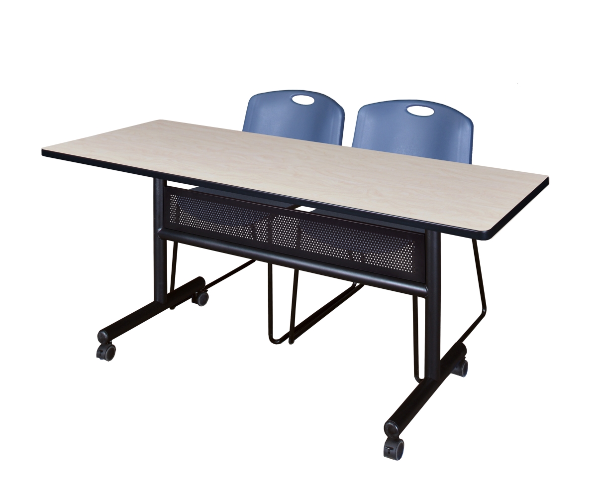 MKFTM6024PL44BE 60 x 24 in. Flip Top Mobile Training Table with Modesty Panel, Maple & 2 in. Zeng Stack Chairs - Blue
