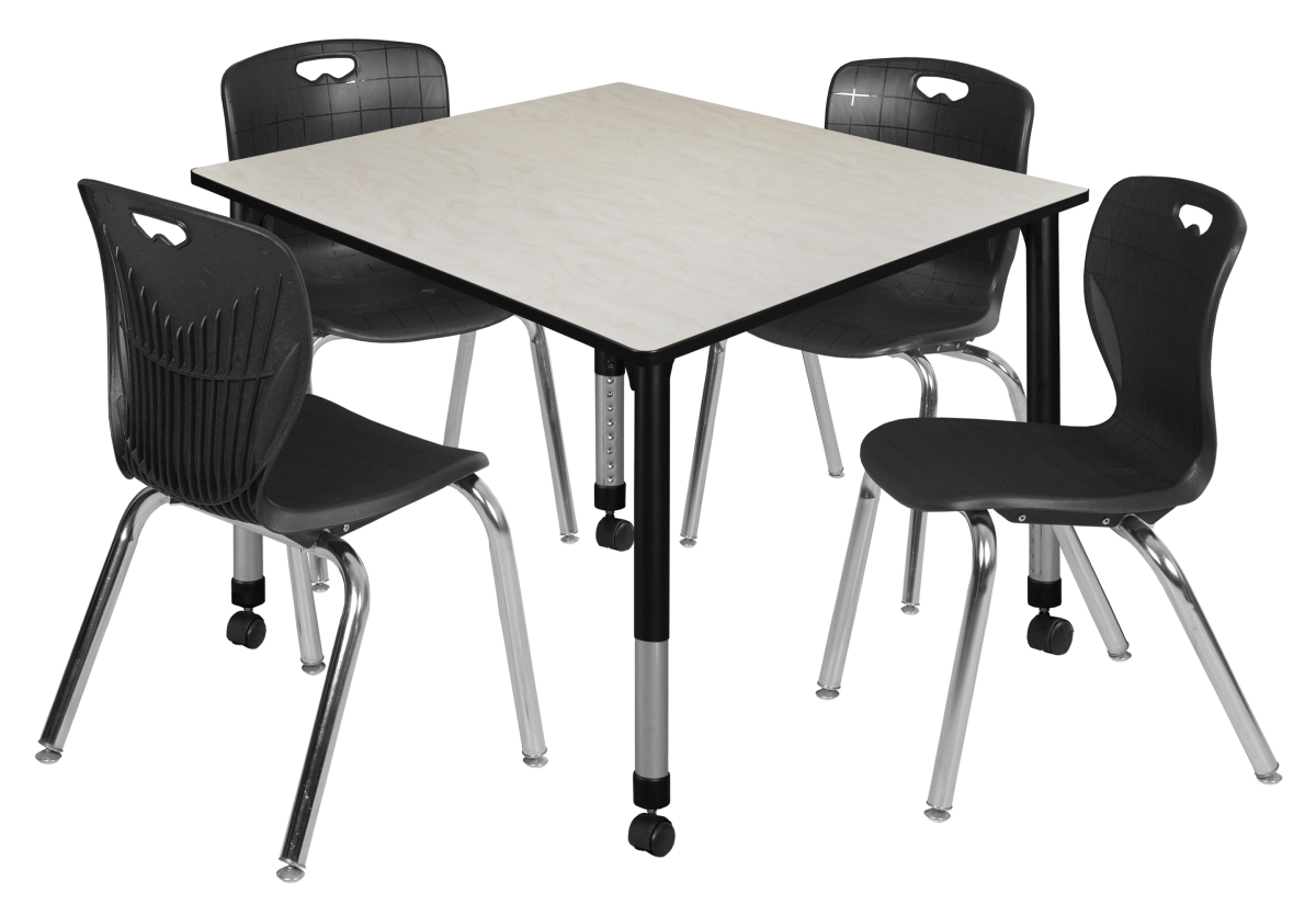 TB4848PLAPCBK40BK 48 in. Kee Square Height Adjustable Mobile Classroom Table, Maple & 4 Andy 18 in. Stack Chairs - Black