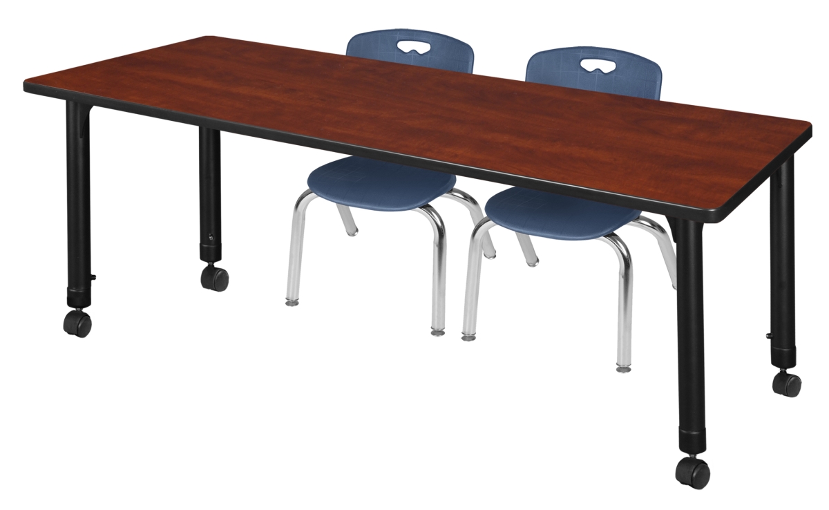 MT7224CHAPCBK45NV 72 x 24 in. Kee Height Adjustable Mobile Classroom Table, Cherry & 2 Andy 12 in. Stack Chairs - Navy Blue
