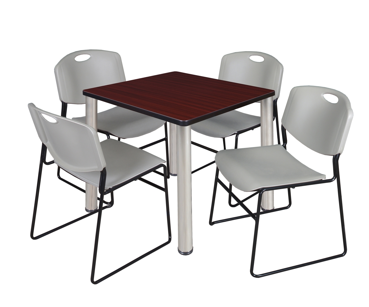 30 in. Kee Square Breakroom Table, Mahogany & Chrome & 4 in. Zeng Stack Chairs - Grey