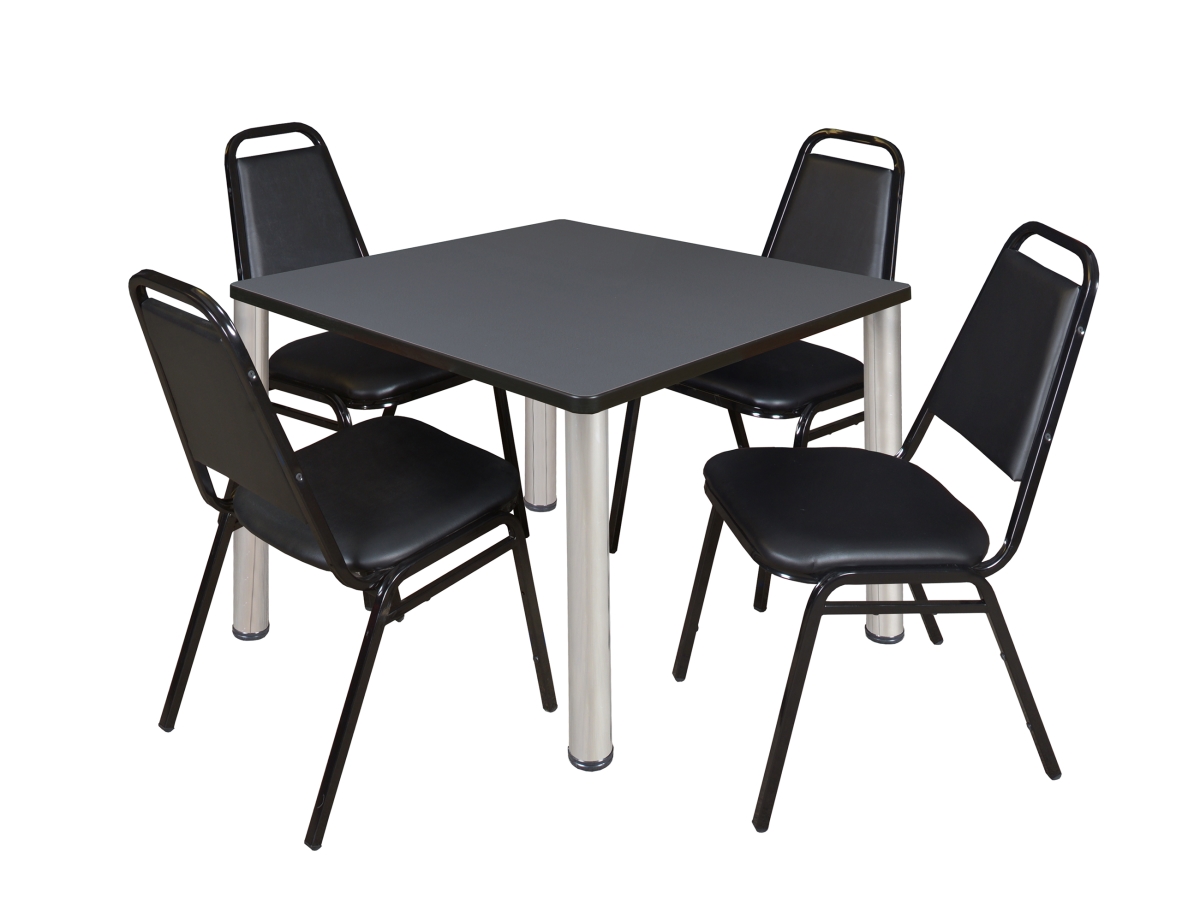 36 in. Kee Square Breakroom Table, Grey & Chrome & 4 in. Restaurant Stack Chairs - Black