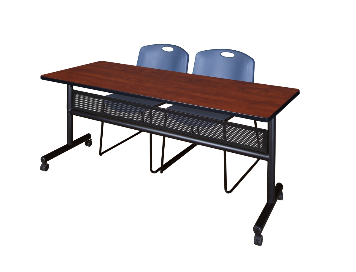 MKFTM7224CH44BE 72 x 24 in. Flip Top Mobile Training Table with Modesty Panel, Cherry & 2 in. Zeng Stack Chairs - Blue