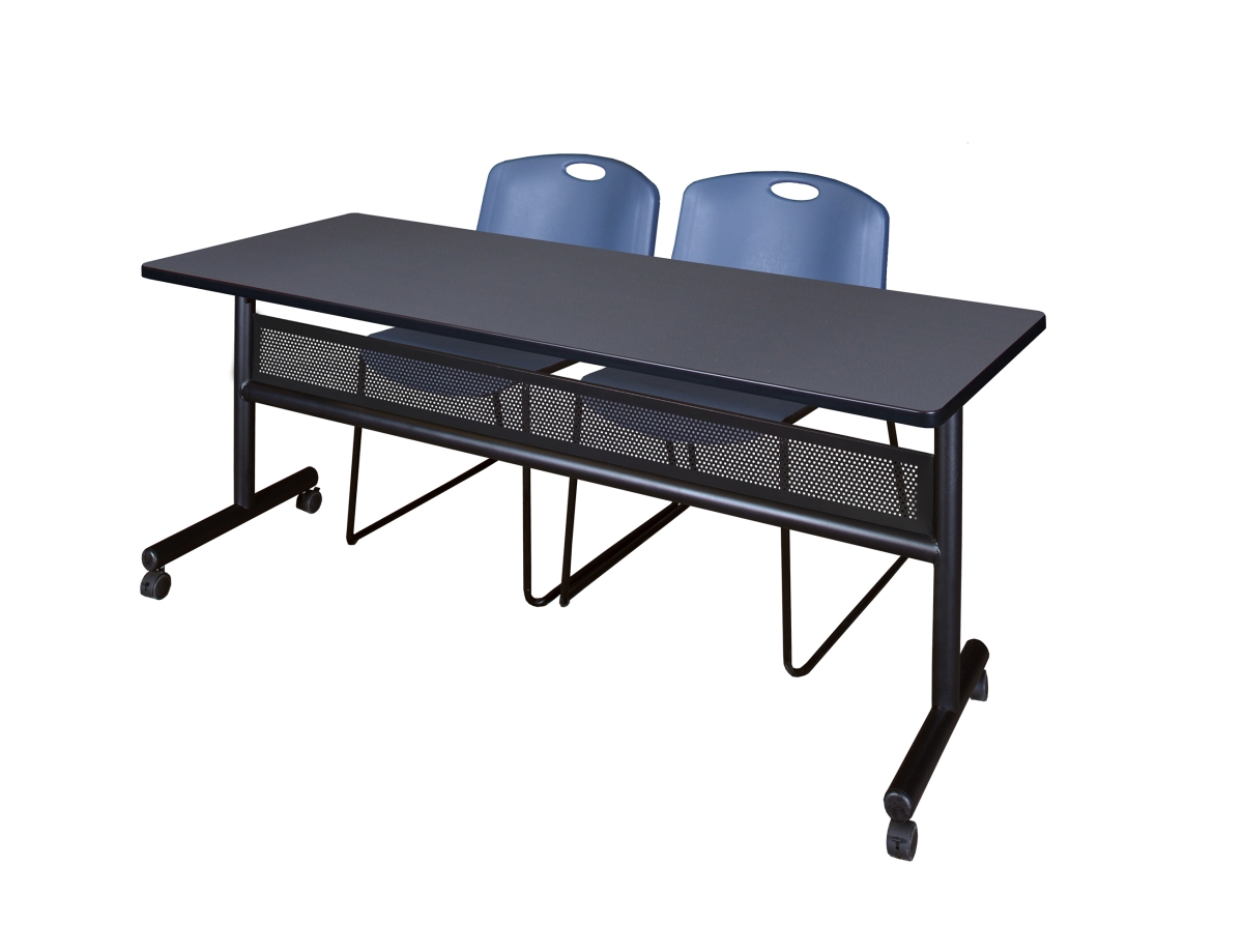 MKFTM7224GY44BE 72 x 24 in. Flip Top Mobile Training Table with Modesty Panel, Grey & 2 in. Zeng Stack Chairs - Blue