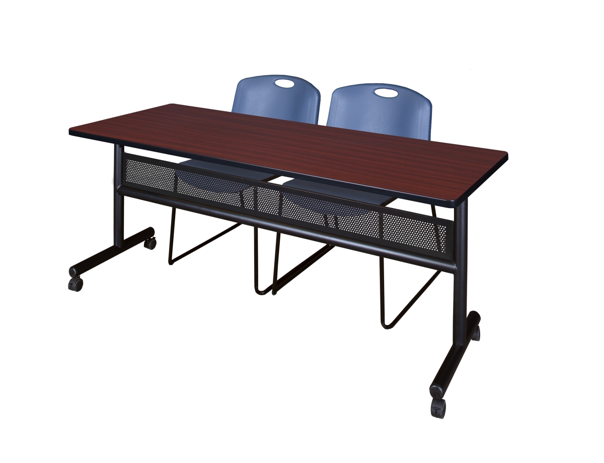 MKFTM7224MH44BE 72 x 24 in. Flip Top Mobile Training Table with Modesty Panel, Mahogany & 2 in. Zeng Stack Chairs - Blue
