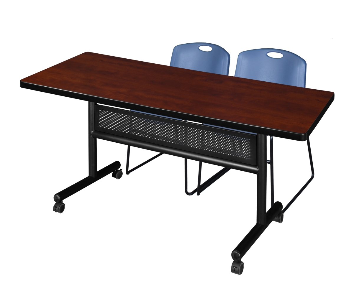 MKFTM7230CH44BE 72 x 30 in. Flip Top Mobile Training Table with Modesty Panel, Cherry & 2 in. Zeng Stack Chairs - Blue