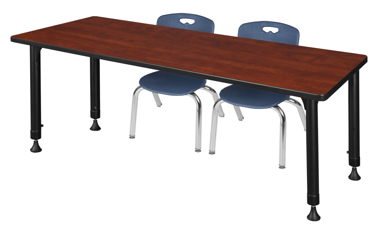 66 x 24 in. Kee Height Adjustable Classroom Table, Cherry & 2 Andy 12 in. Stack Chairs - Navy Blue