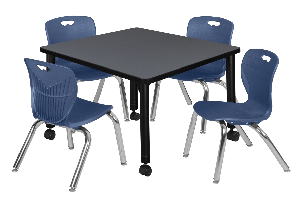 30 in. Kee Square Height Adjustable Mobile Classroom Table, Grey & 4 Andy 12 in. Stack Chairs - Navy Blue