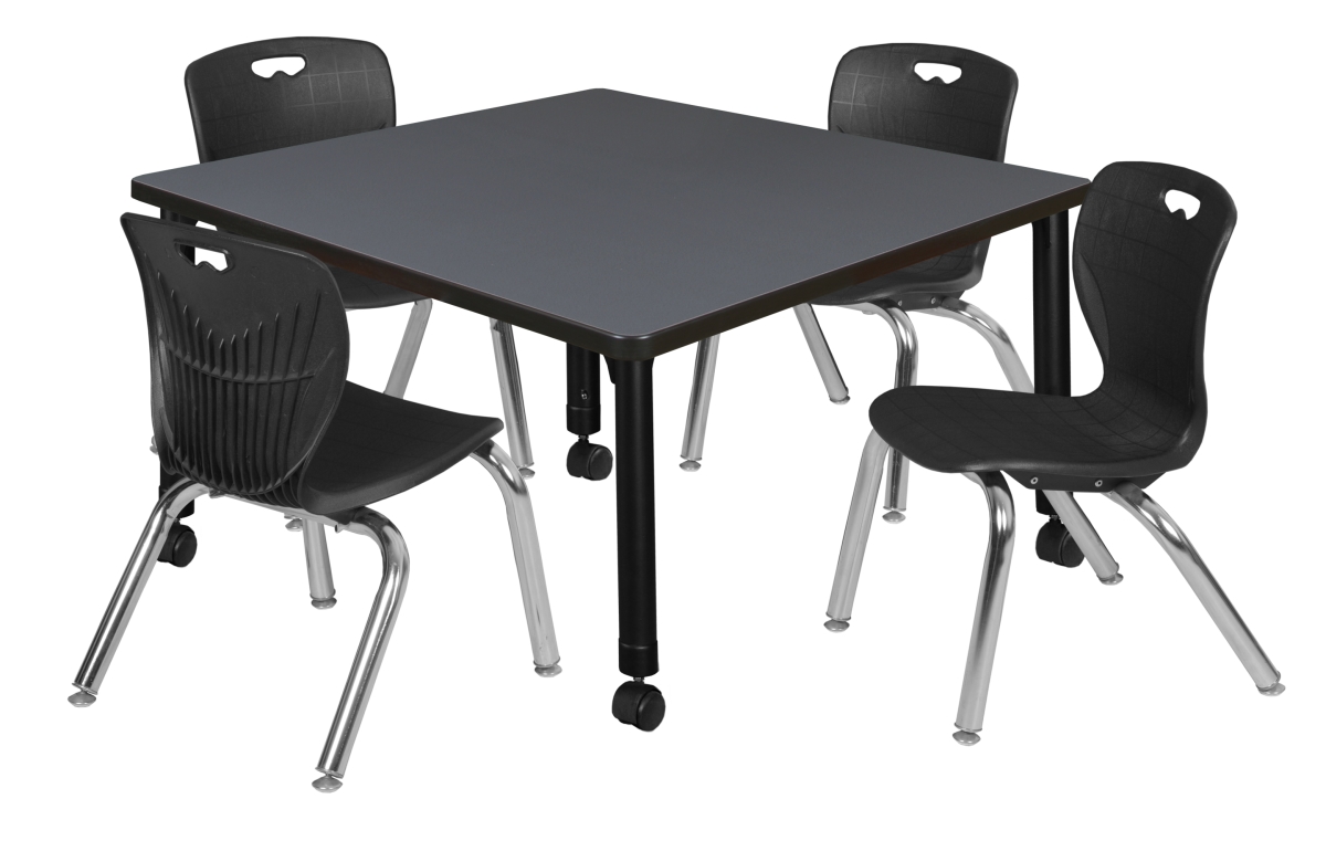 36 in. Kee Square Height Adjustable Mobile Classroom Table, Grey & 4 Andy 12 in. Stack Chairs - Black